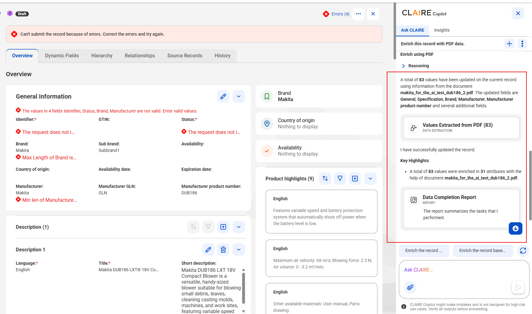 The CLAIRE Copilot panel shows the enriched record in the draft state and displays the Values Extracted from PDF and Data Completion Report cards.