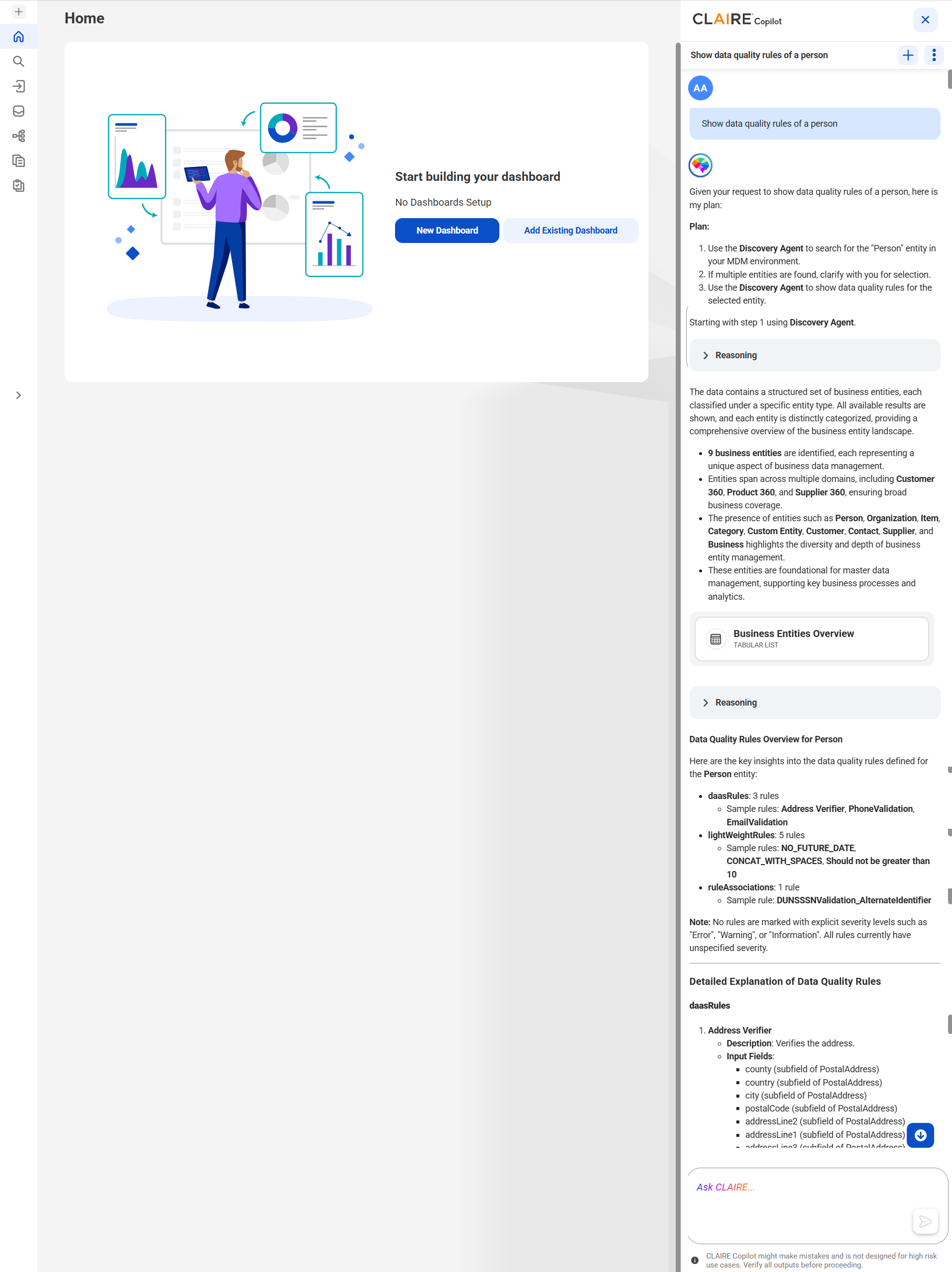 The response displays all data quality rule associations configured in the Person business entity. It also displays a detailed explanation of each data quality rule.