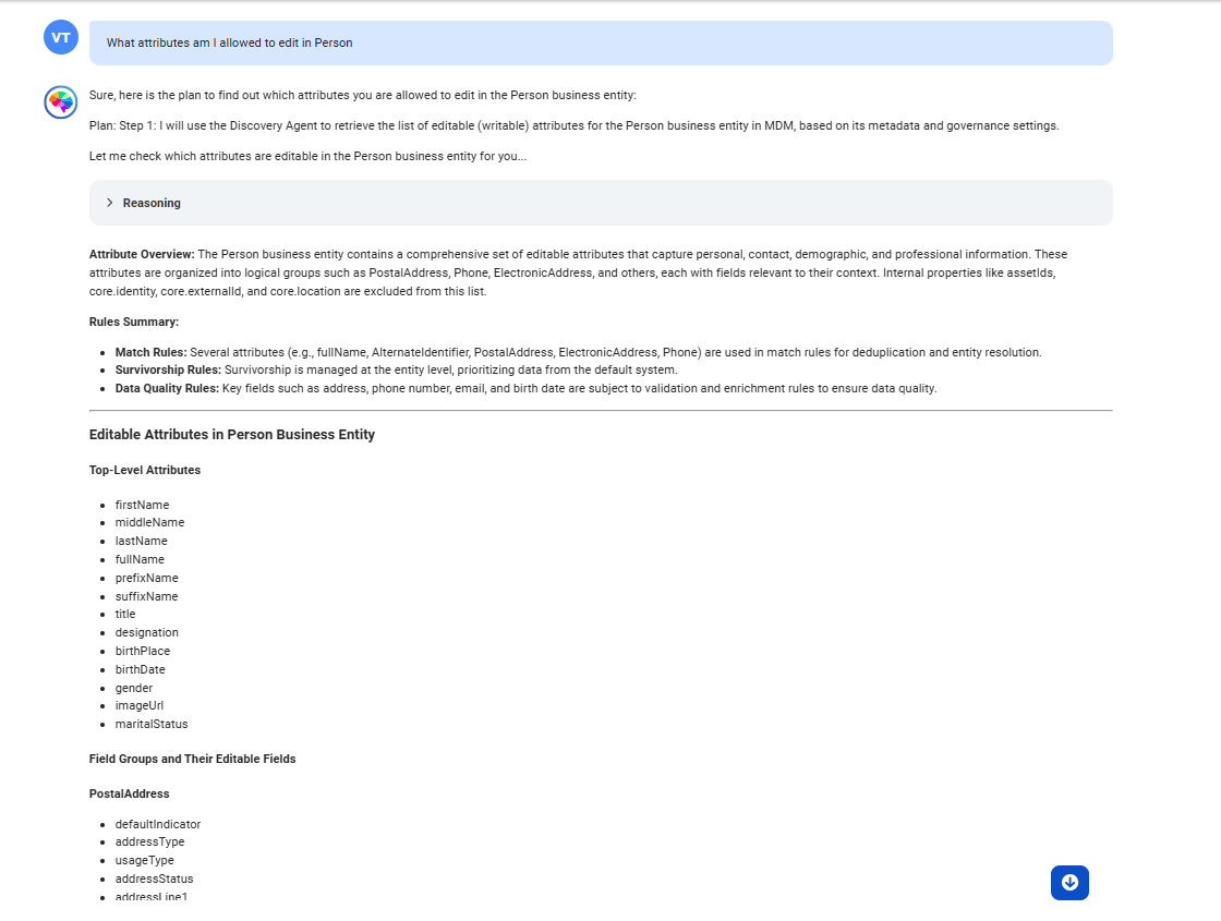 The response displays all editable attributes in the Person business entity. It also segregates attributes into root attributes and attributes in field groups.