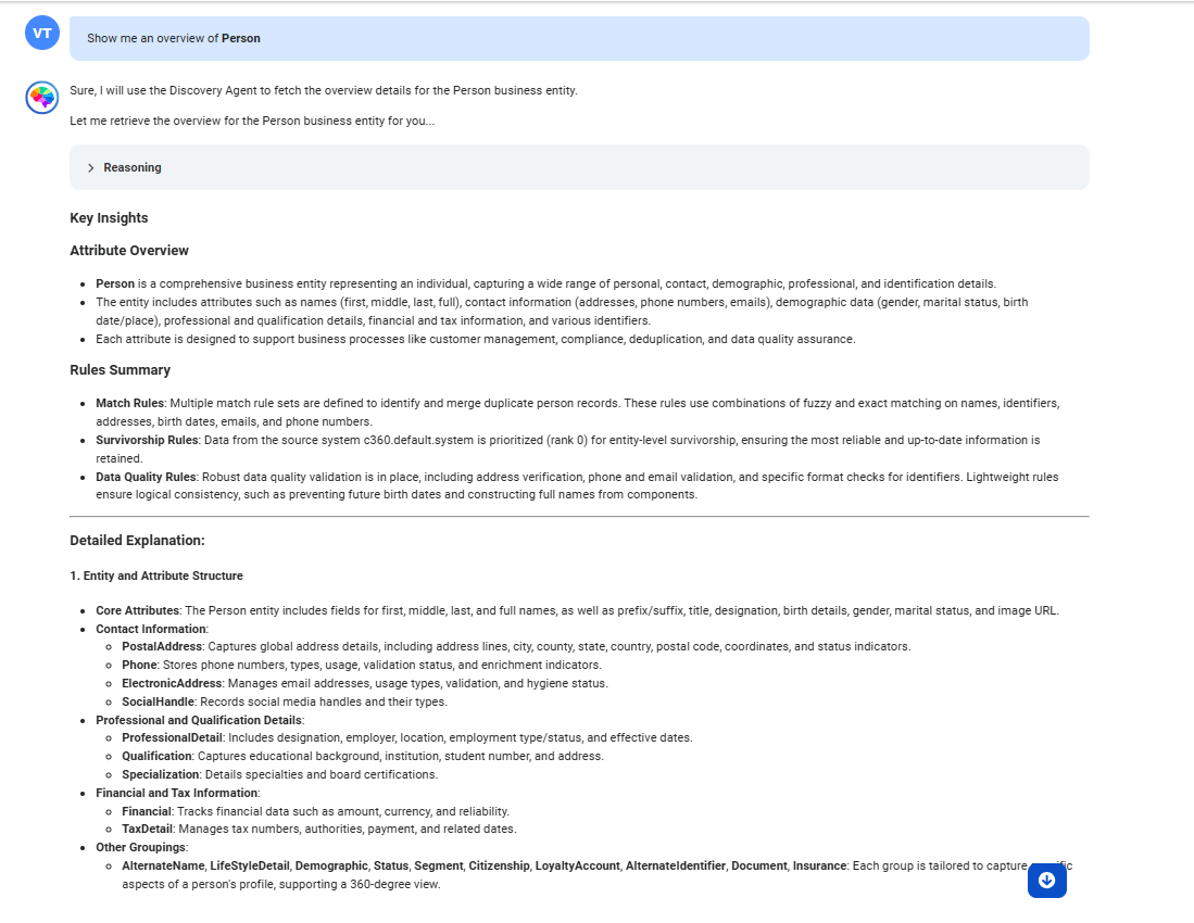 The response displays an overview of the Person business entity. It also displays the key insights of the business entity, such as attribute overview and rules summary. It also lists the attributes in the business entity.