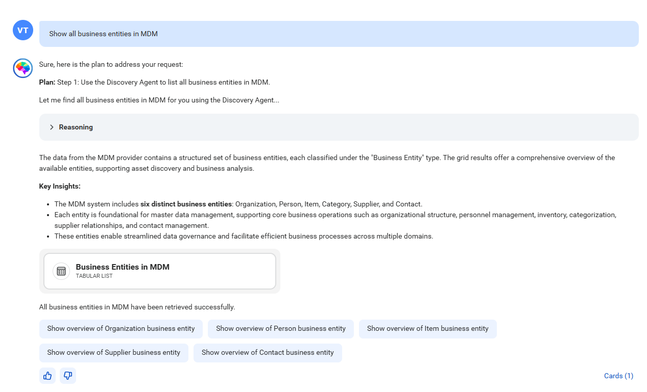 The response displays all business entities in MDM SaaS. It also displays a card named Business Entities in MDM.
