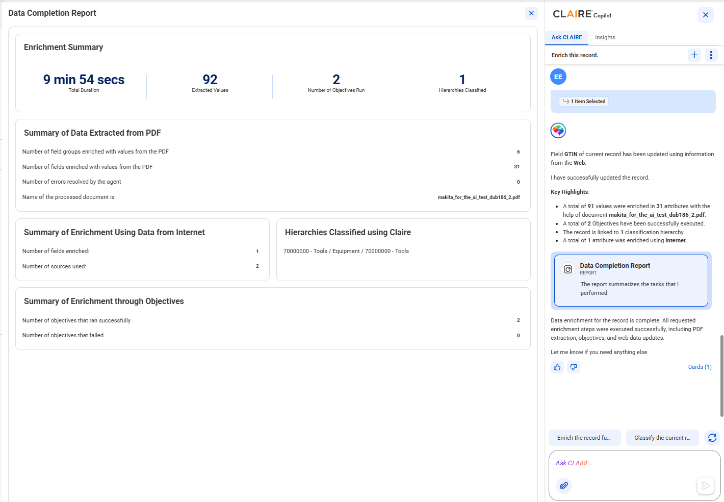 The Data Completion Report workspace shows the details, such as the number of extracted values, summary of objectives that ran, and the number of enriched fields.