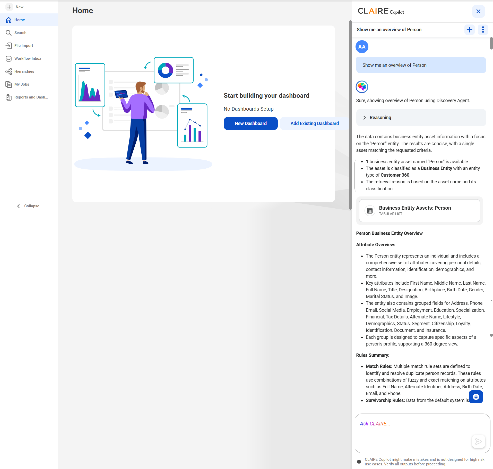 The response displays an overview of the Person business entity. It also displays the key insights of the business entity, such as attribute overview and rules summary.