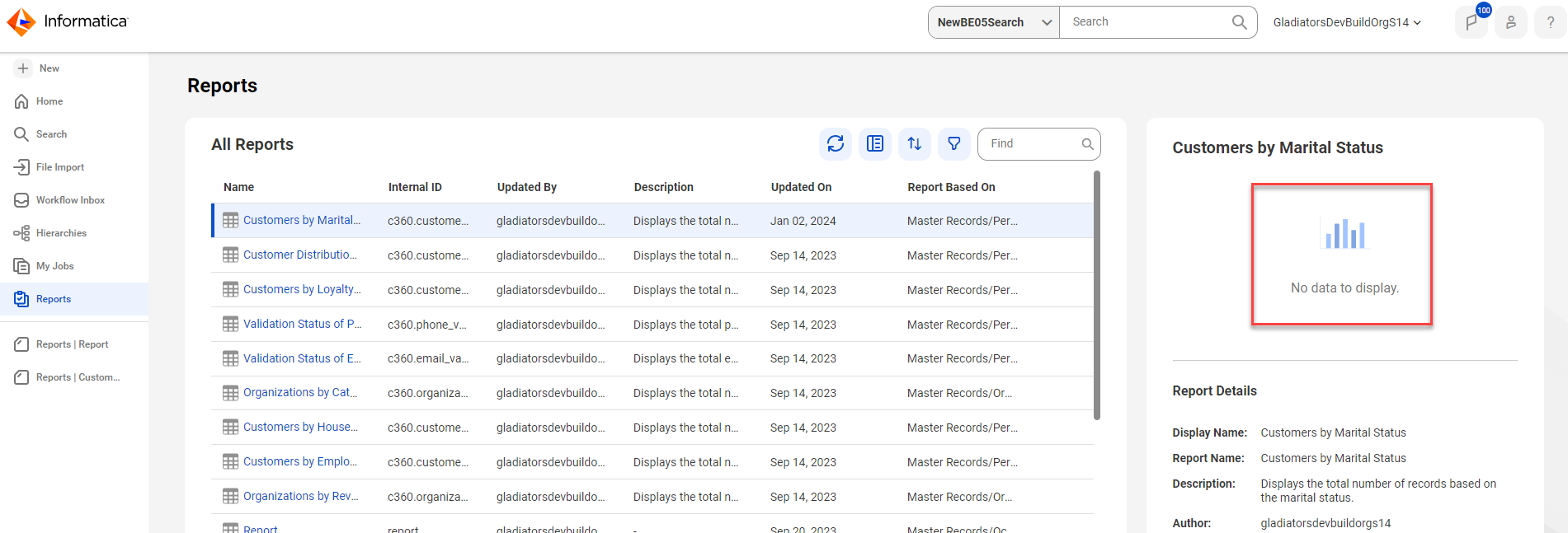 The image displays a quick view of a Customer by Marital Staus report with no data.