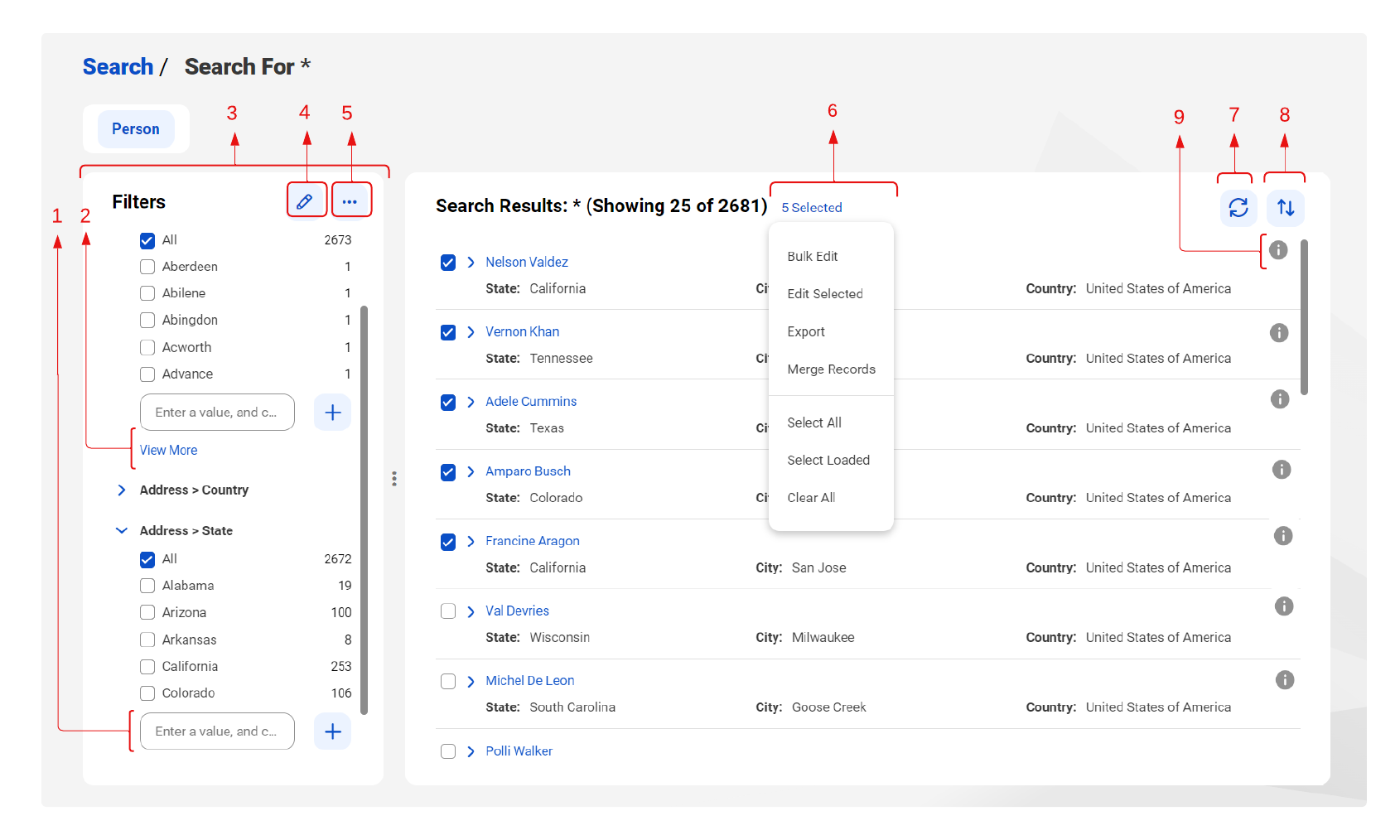 The Search Results page shows the View More, Customize, Filters Panel, Edit, Actions, Menu, Refresh, and Sort options.