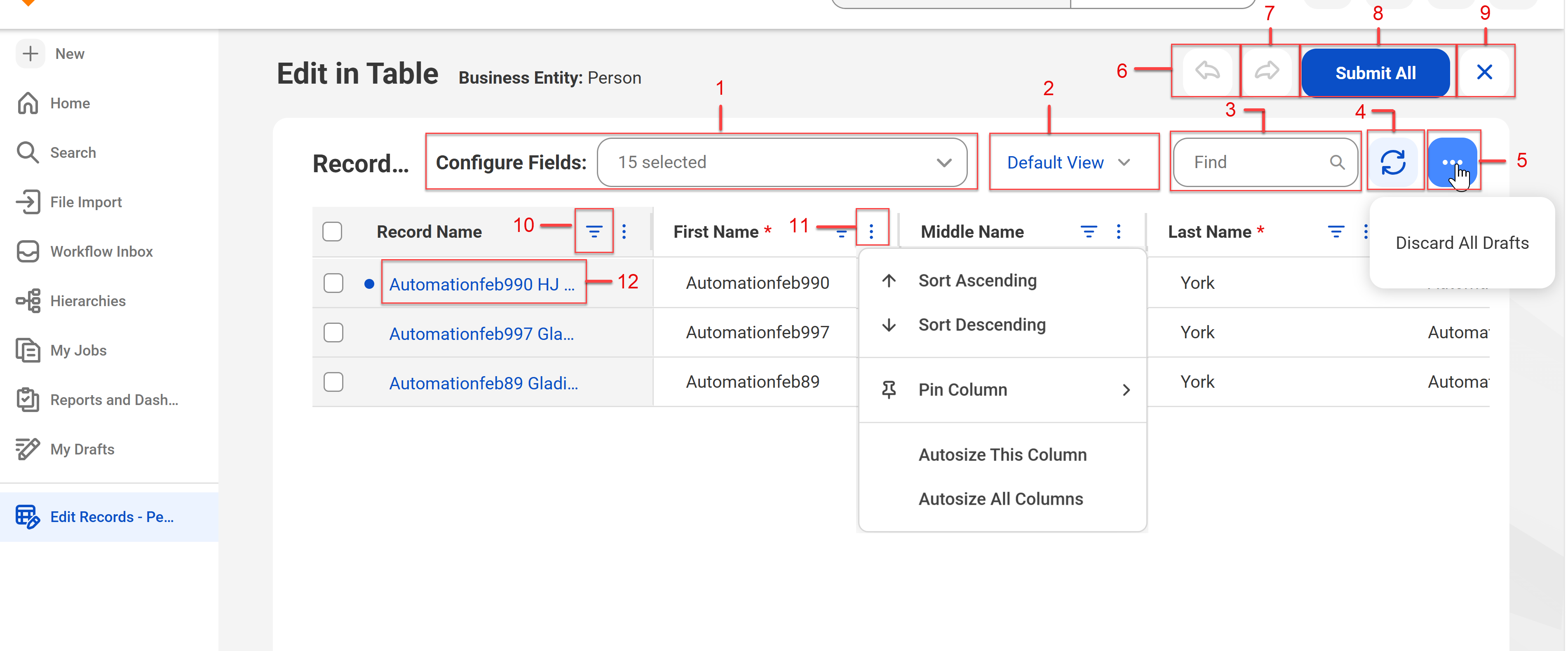 The Edit in Table page lists three records belonging to Person business entity in the table. The page includes options such as Configure Fields, Default View, Find, and Refresh. Each column provides additional options such as Filter, Sort, Pin, and Autosize.