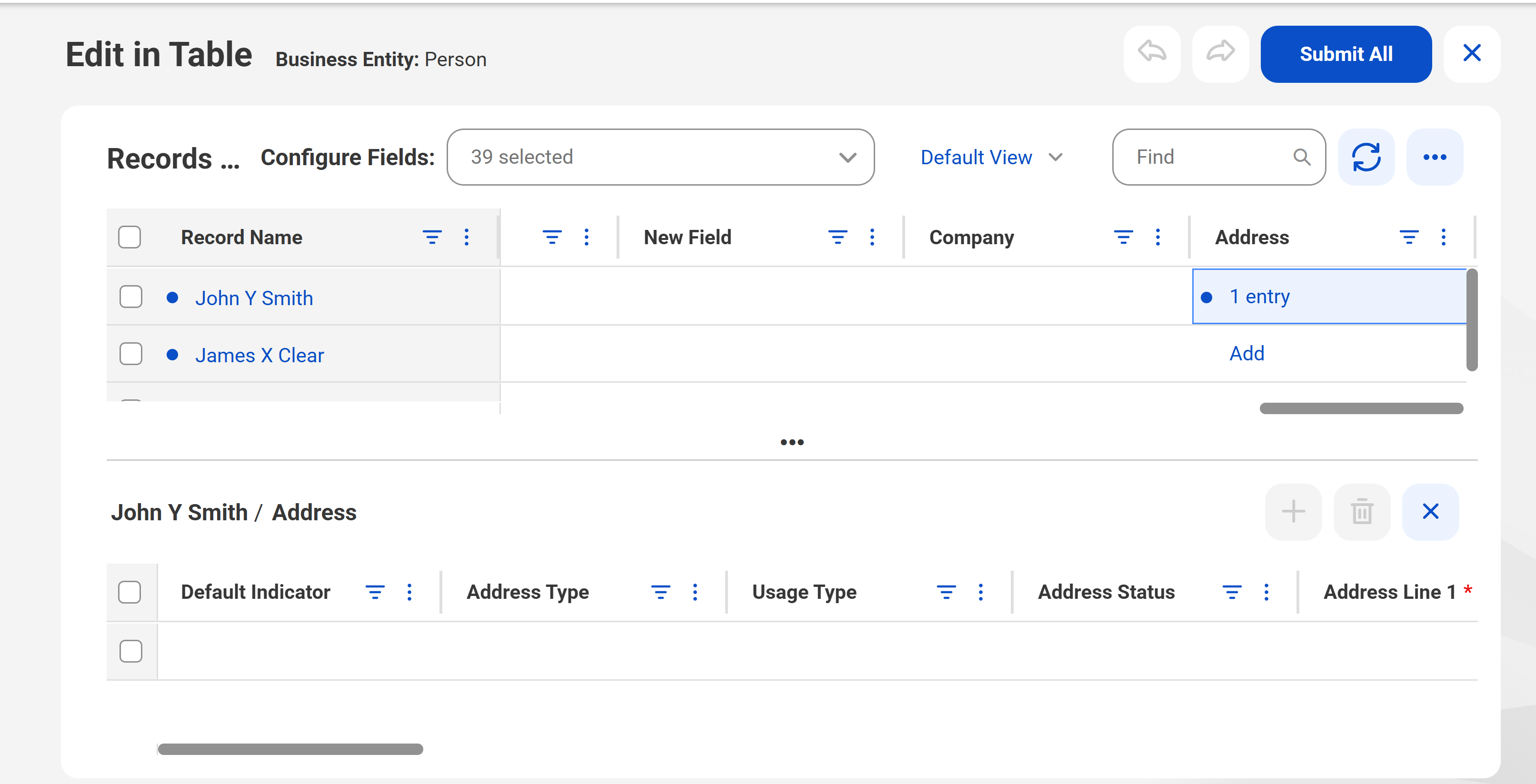 The Edit in Table shows a list of records with columns for Record Name, New Field, Company, and Address. The Address column contains clickable values showing Add and n entry. A separate table shows the Address fields where you can enter values.