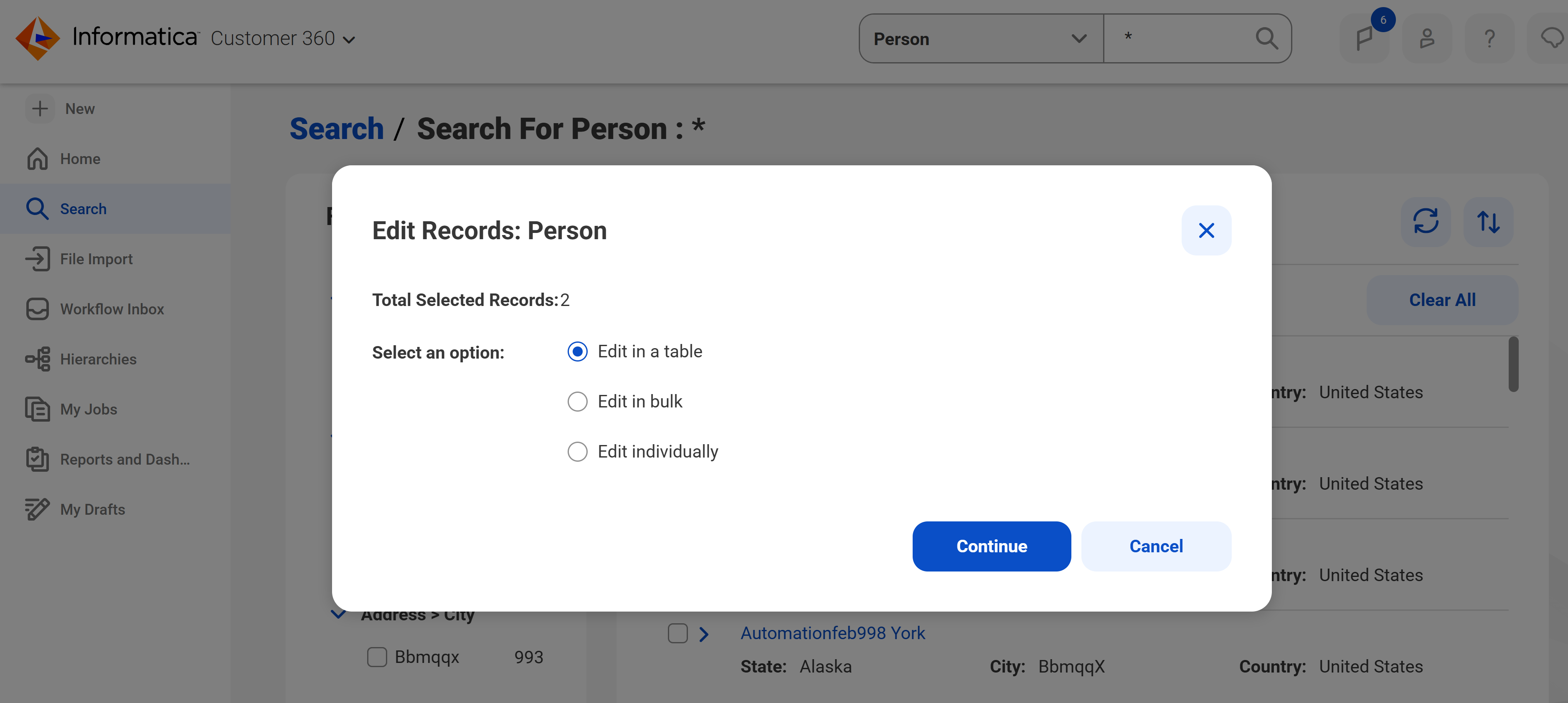The Edit Records dialog box shows options to select how to edit records, including Edit in a table, Edit in bulk, and Edit individually, with Continue and Cancel buttons.