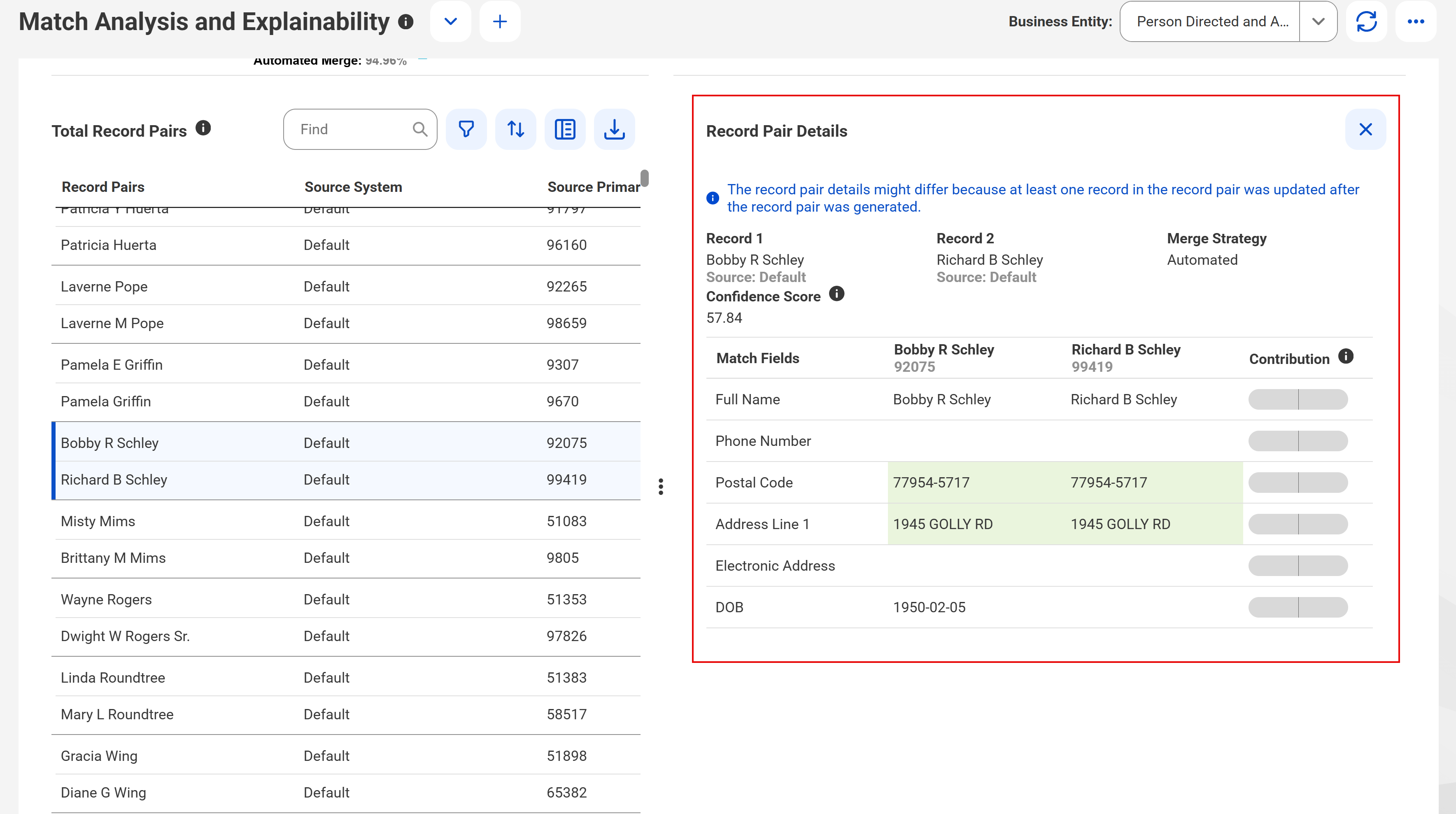 The Record Pair Details section displays the additional details of a selected record pair in the record pairs table.