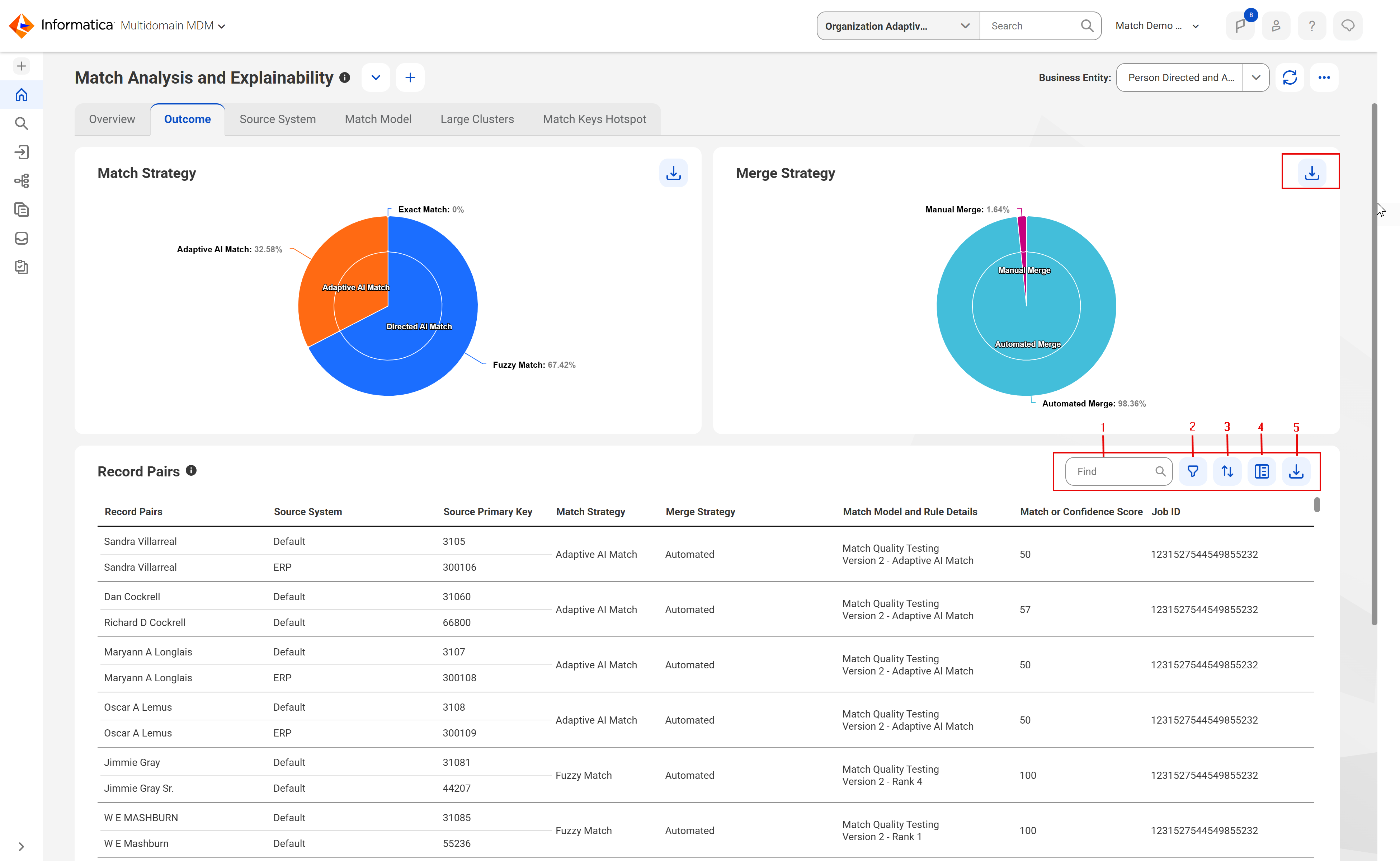 The Record Pairs section shows the record pair details based on the match and strategies, and the options such as find, filter, sort, show additional details, and export data are highlighted.