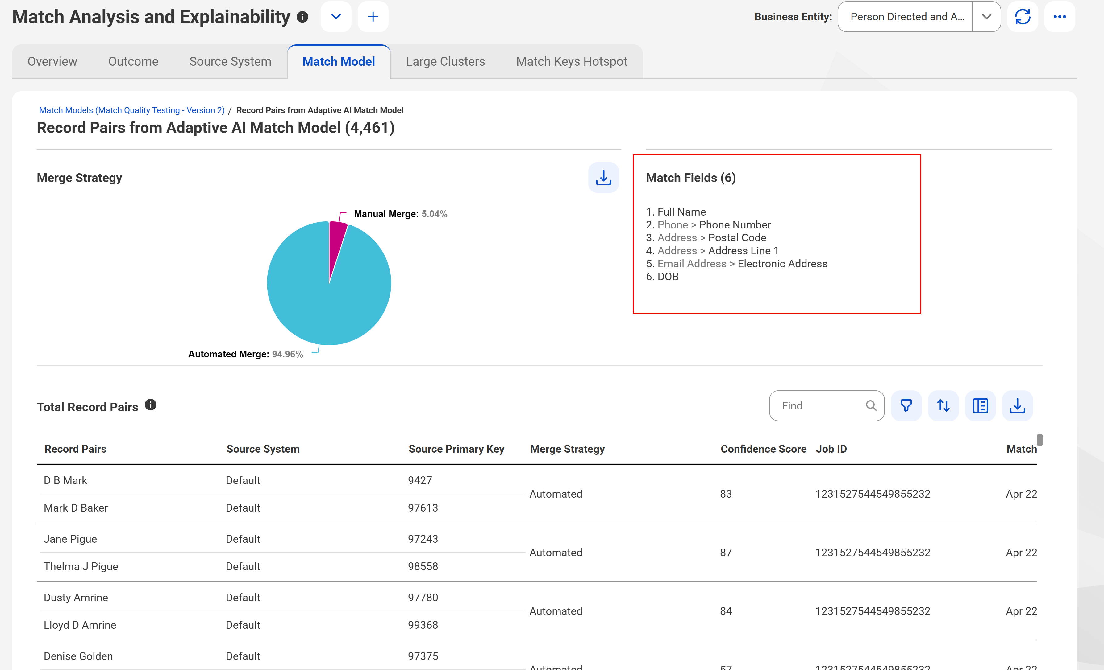The Match Fields section displays the match fields that were used in training the Adaptive AI match model.