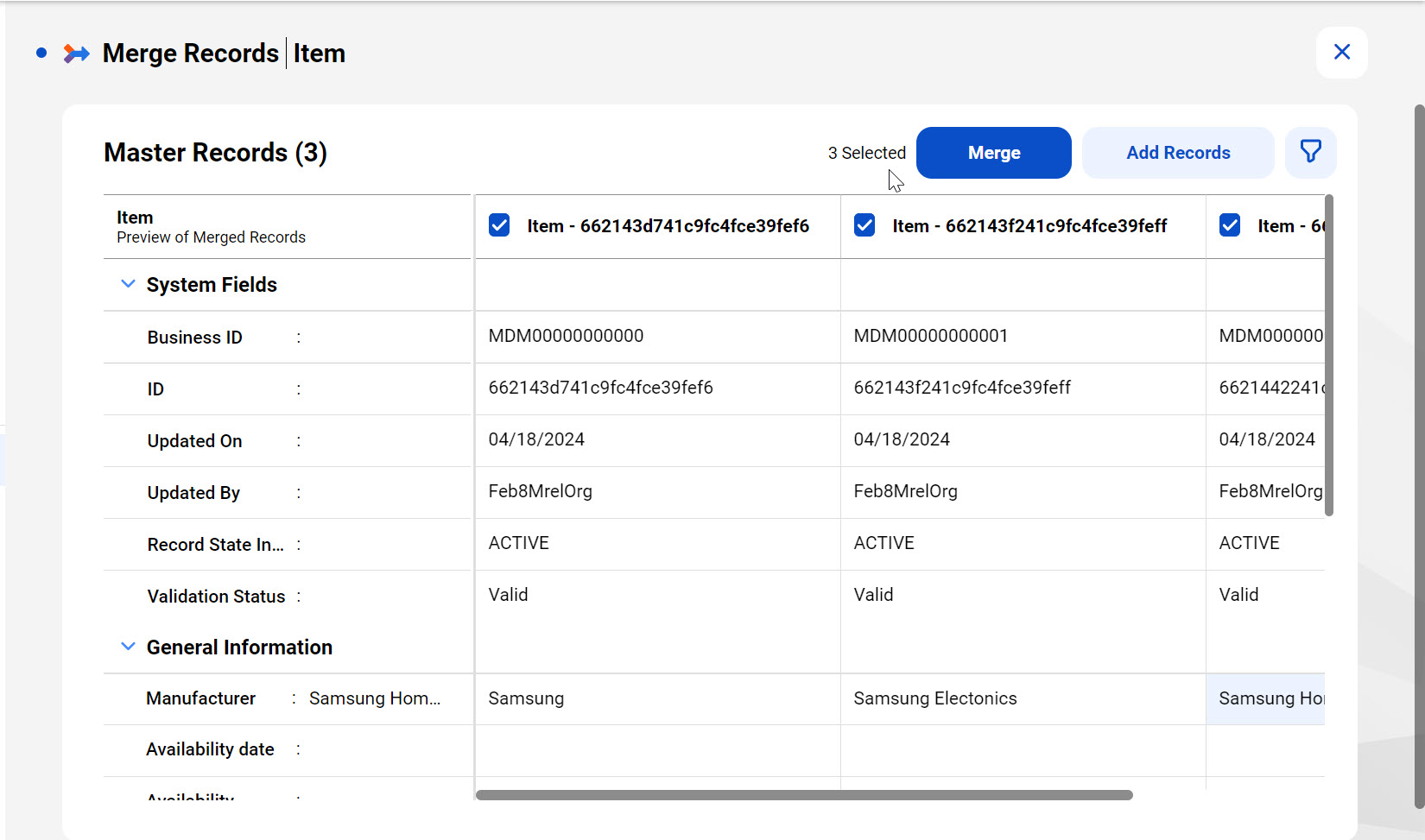 Manual merge screen showing several records selected for review. The user can add more records to the selected ones, or merge them.