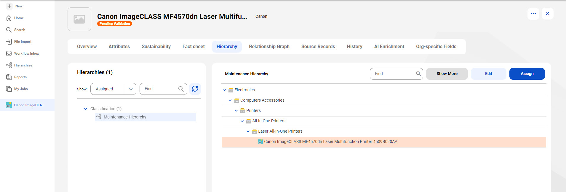 The Hierarchy tab of the Canon ImageCLASS MF4570dn Laser Multifuction record displays the Maintenance and Canon ImageCLASS MF4570dn Laser Multifuction records in the Classification hierarchy.