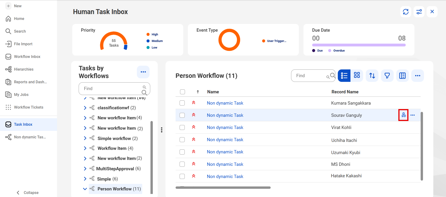 The image shows the Human Task Inbox dashboard for managing tasks. It features charts categorizing tasks by priority, event type, and due date. The Tasks by Workflows section lists workflow names with task counts, while the main table displays task names, record names, sorting options, and a search bar and icons for filtering and layout adjustments. The Assign button for the entry, Sourav Ganguly, is highlighted.