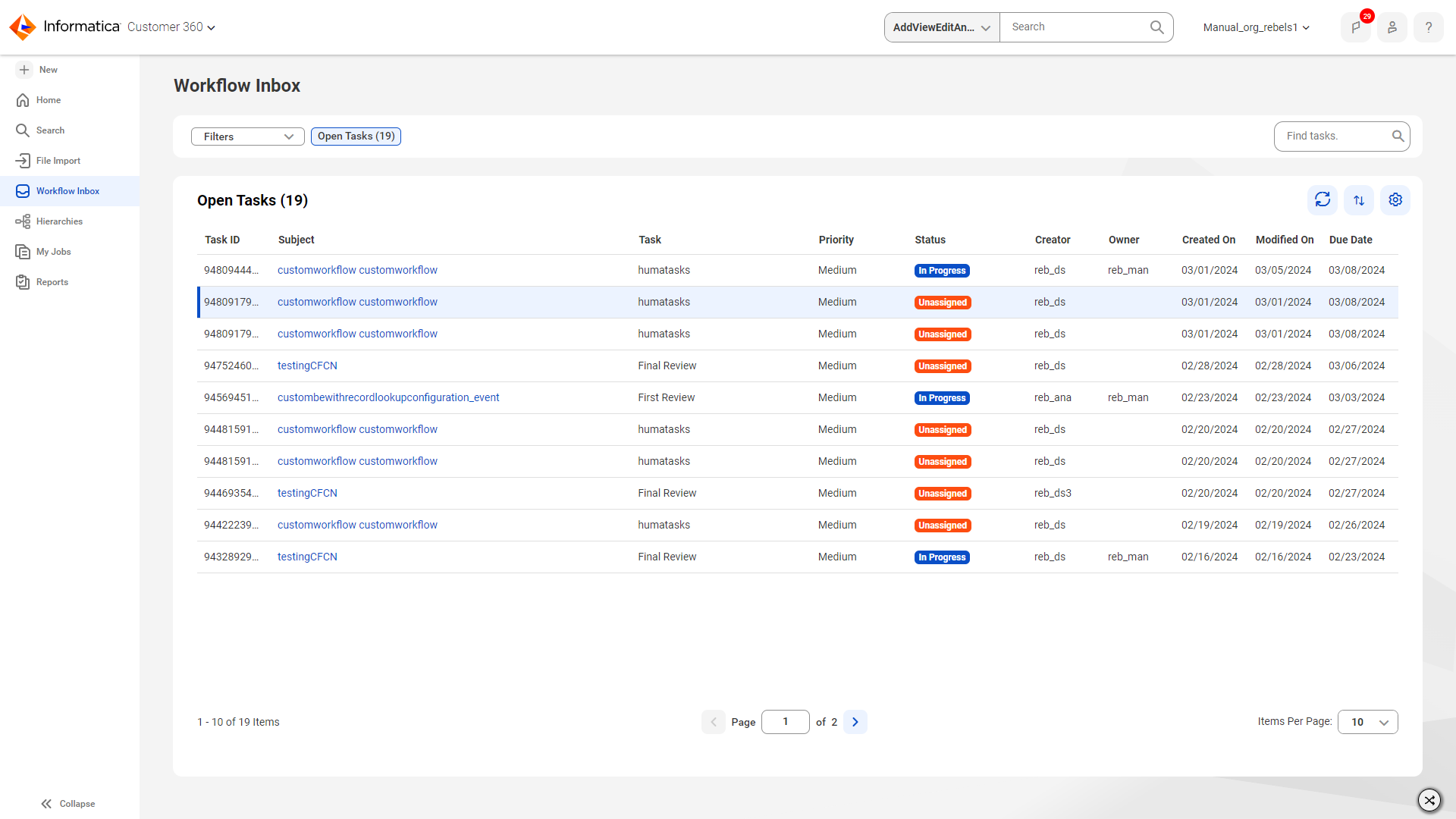 The Grid view displays the list of workflow tasks in table form.