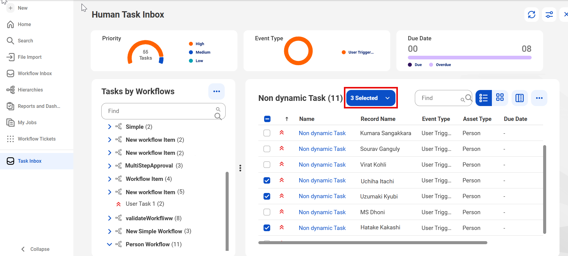 The image shows the Human Task Inbox dashboard for managing tasks. It features charts categorizing tasks by priority, event type, and due date. The Tasks by Workflows section lists workflow names with task counts, while the main table displays task names, record names, sorting options, and a search bar and icons for filtering and layout adjustments. Three Non Dynamic Tasks are selected and the Bulk Actions button, which says that three tasks are selected, is highlighted.