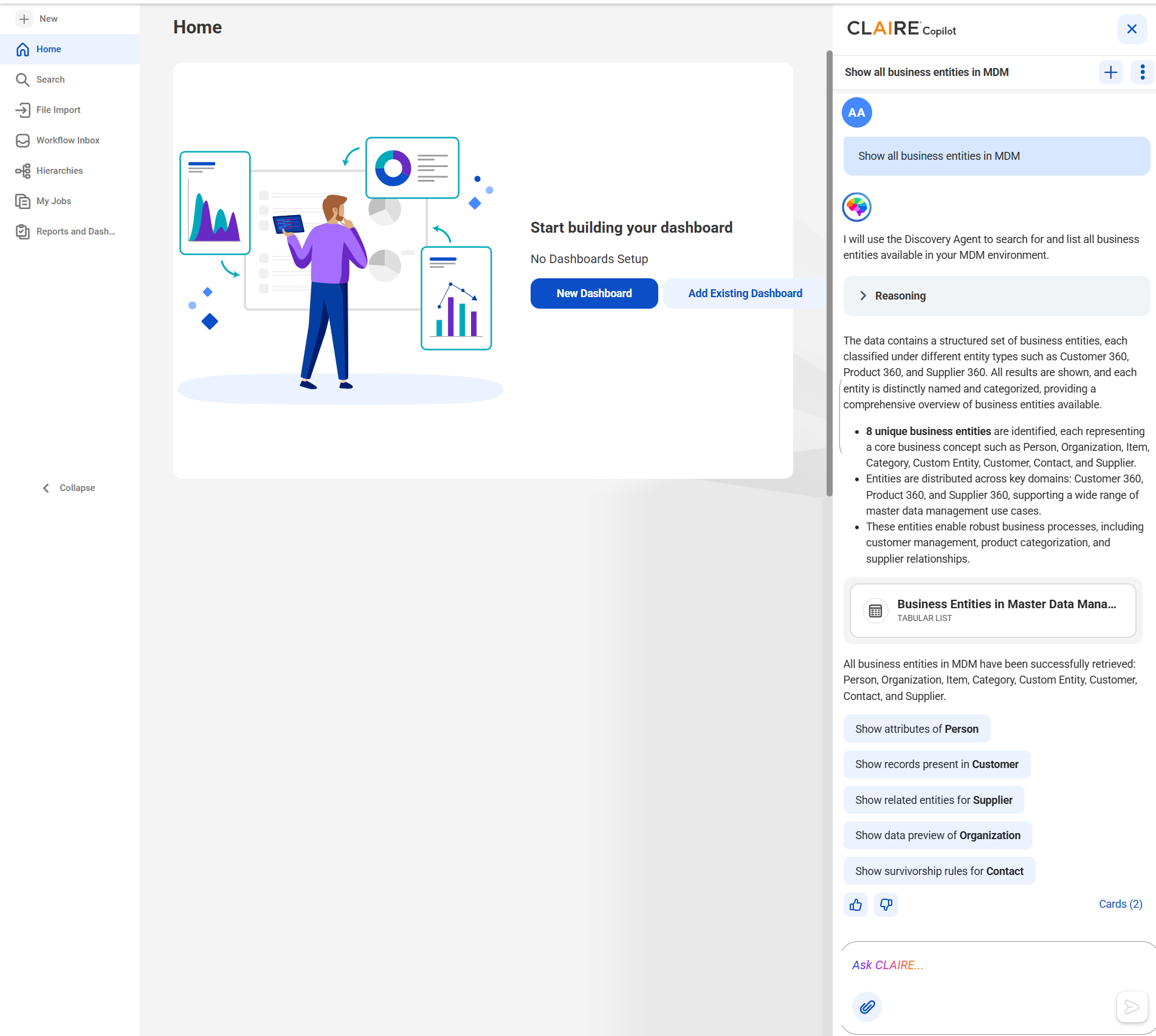 CLAIRE Copilot displays all business entities in MDM SaaS. It also displays a card named Business Entities in Mater Data Management.