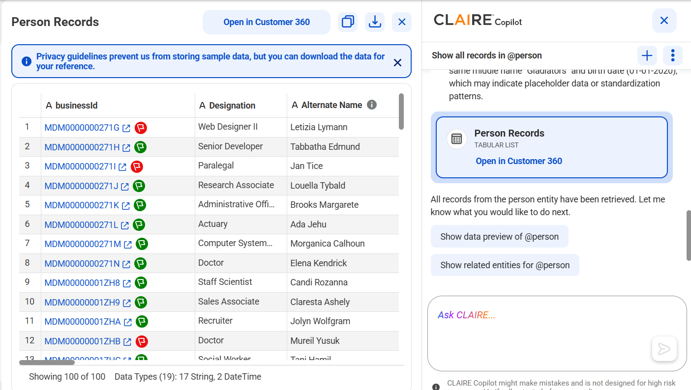The response displays a preview of 100 person records in a tabular view.