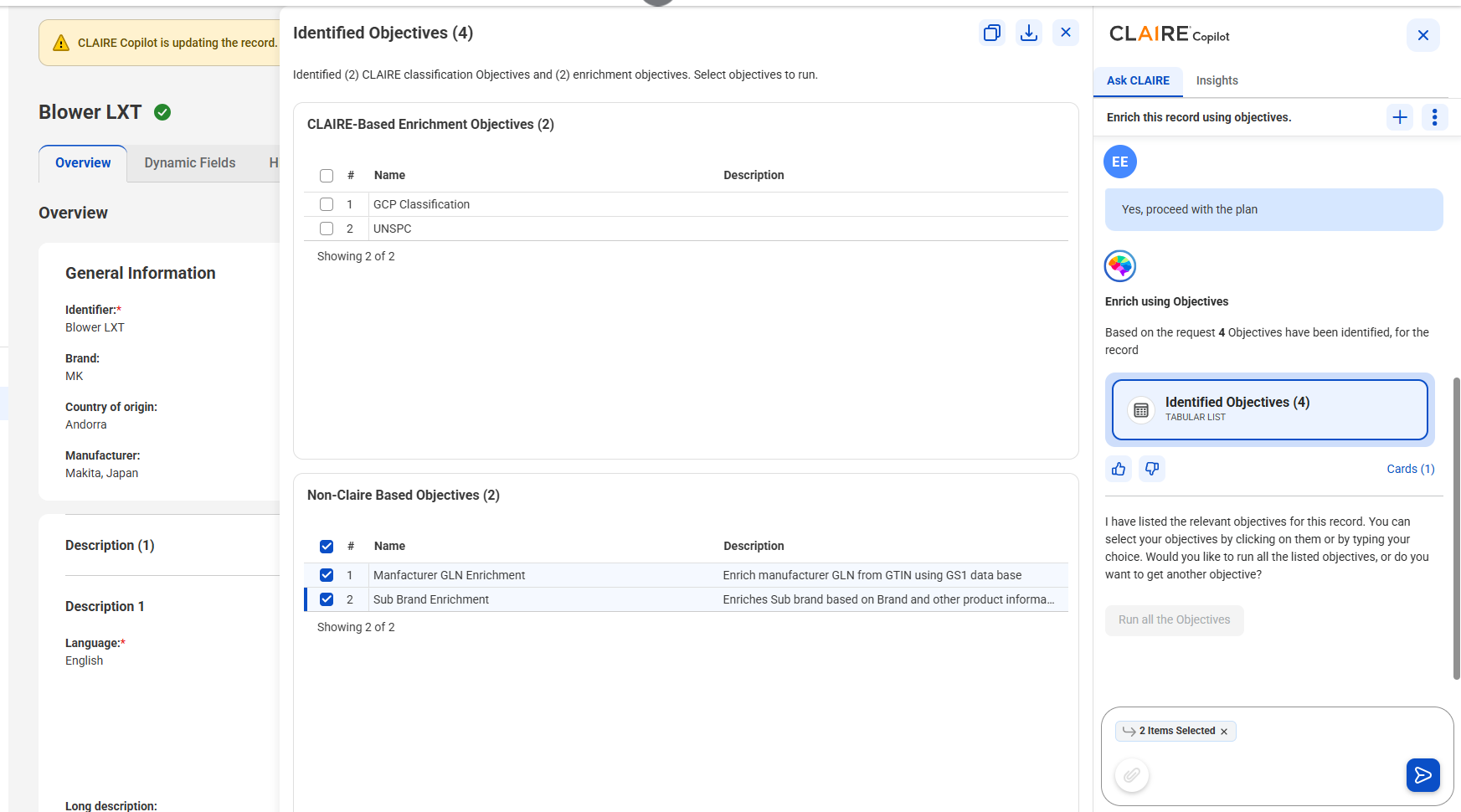The Identified Objectives workspace shows the CLAIRE-based and non-CLAIRE enrichment objectives, and the selected objectives appear in the prompt box of the CLAIRE Copilot panel.