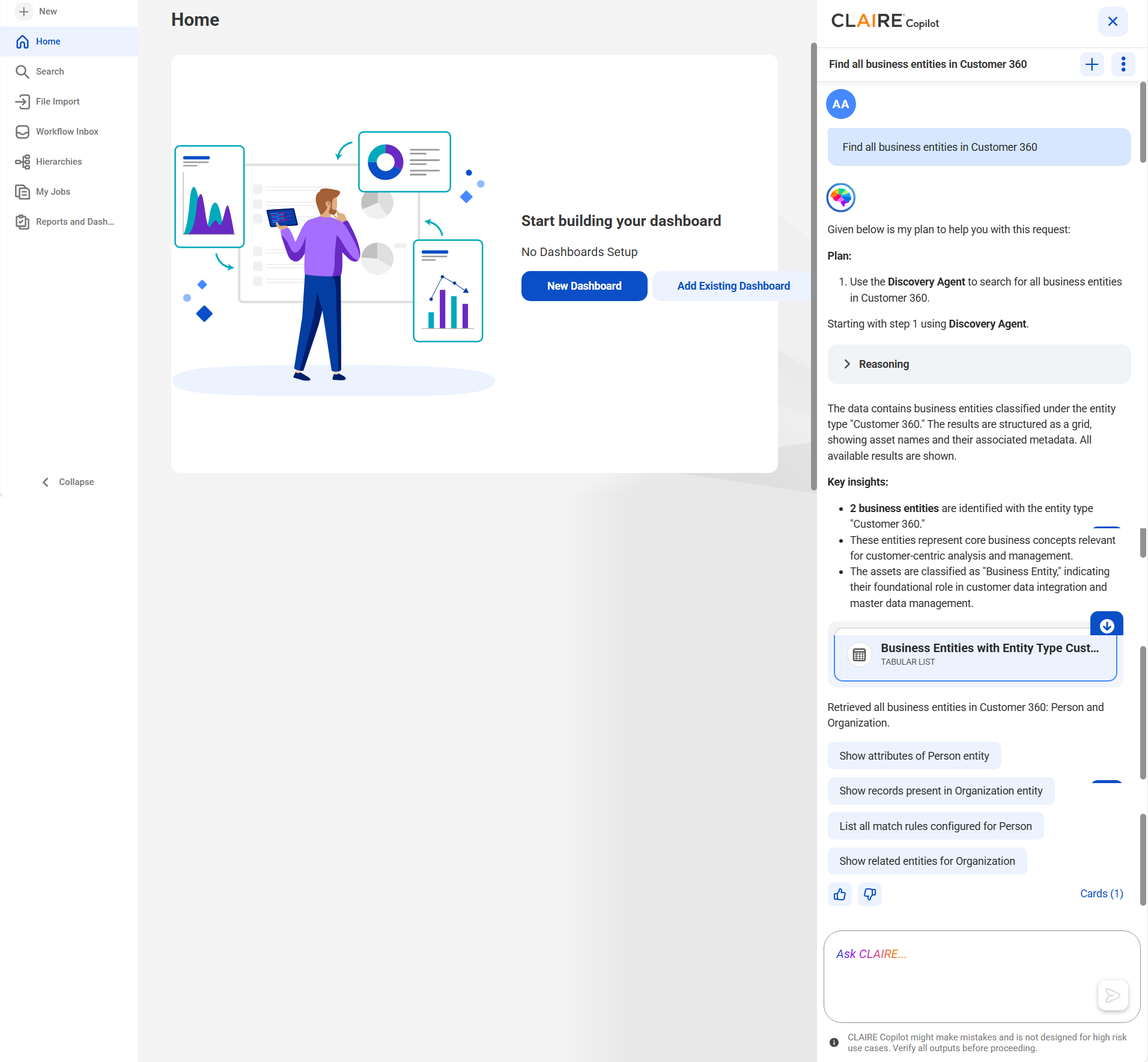 The response displays two business entities. It also displays a card named Business Entities with Entity Type Customer 360.