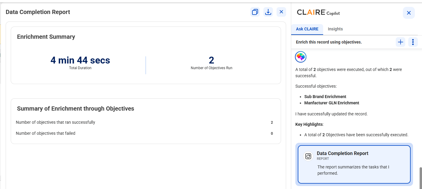 The Data Completion Report workspace shows the enrichment summary with the total duration and the number of objectives run, along with the number of objectives that ran successfully and the number that failed.
