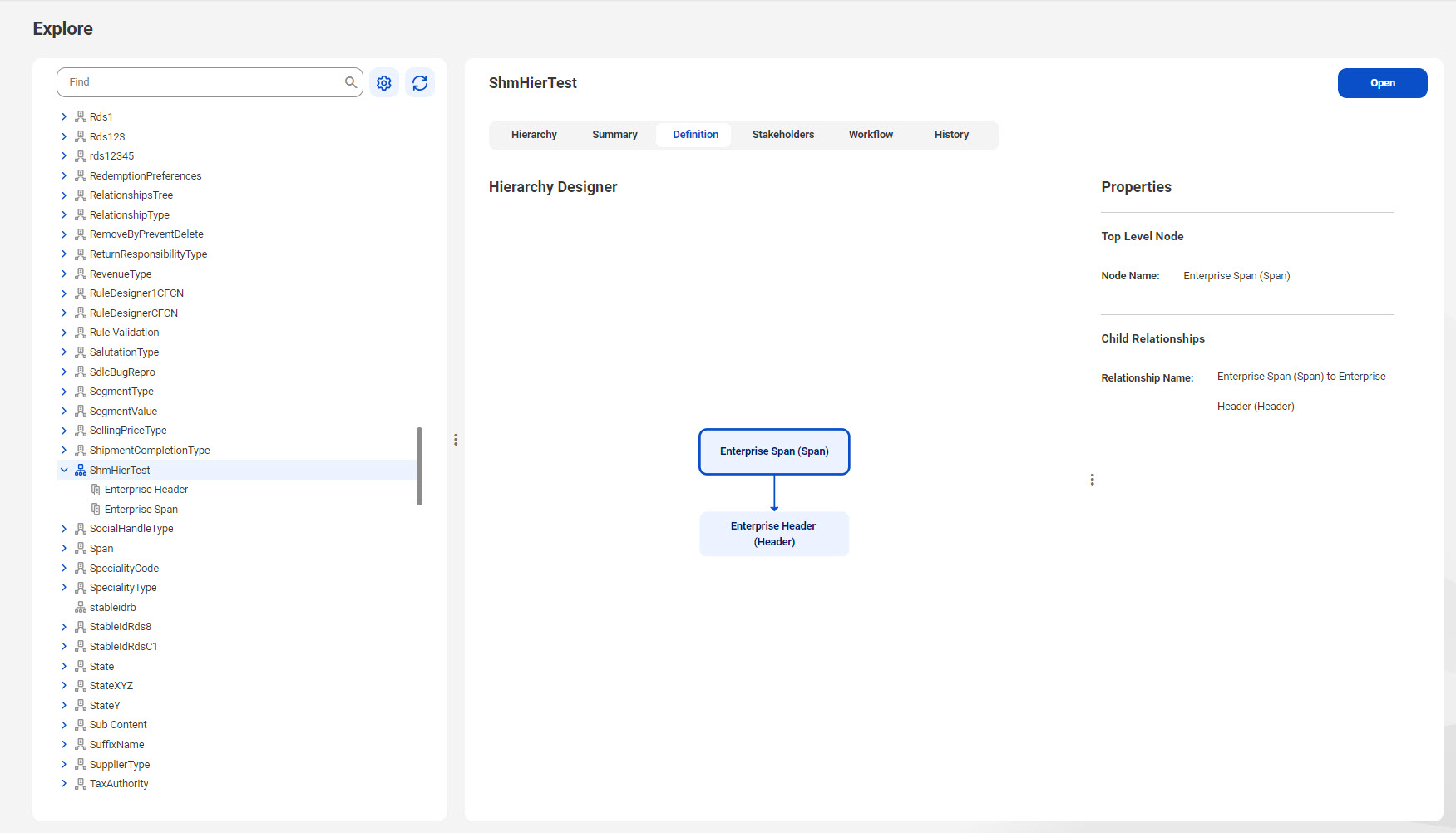 The Explore page displays the code lists associated to the Locations hierarchy. The details panel displays the hierarchy model with a relationship from the Enterprise Country code list to the Enterprise State code list.