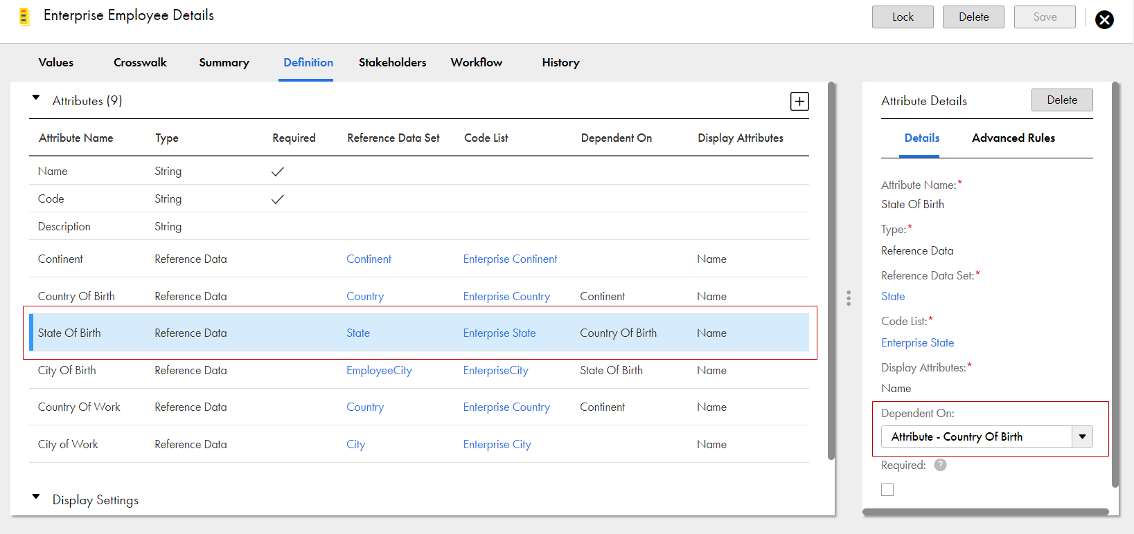 Reference data attribute dependency in a code list.