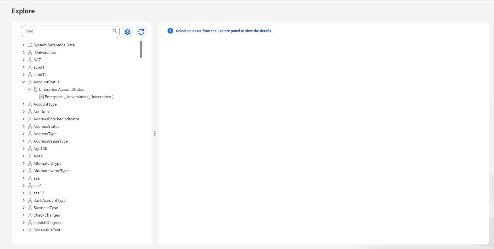 The Explore page displays the Explore panel and details panels. The Explore panel displays the list of assets in Reference 360.