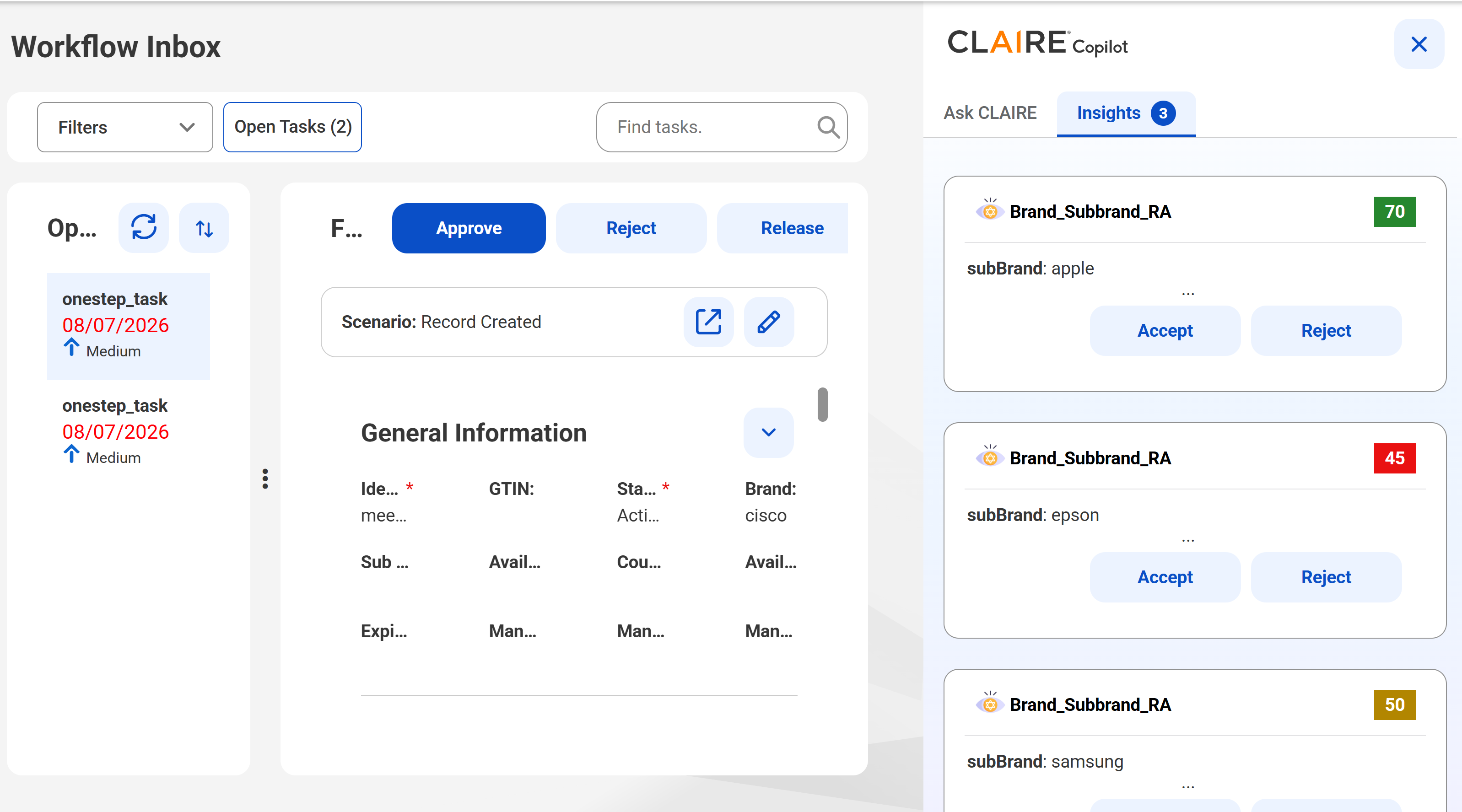 The CLAIRE Copilot Insights panel shows a list of recommendations with options to accept or reject them.