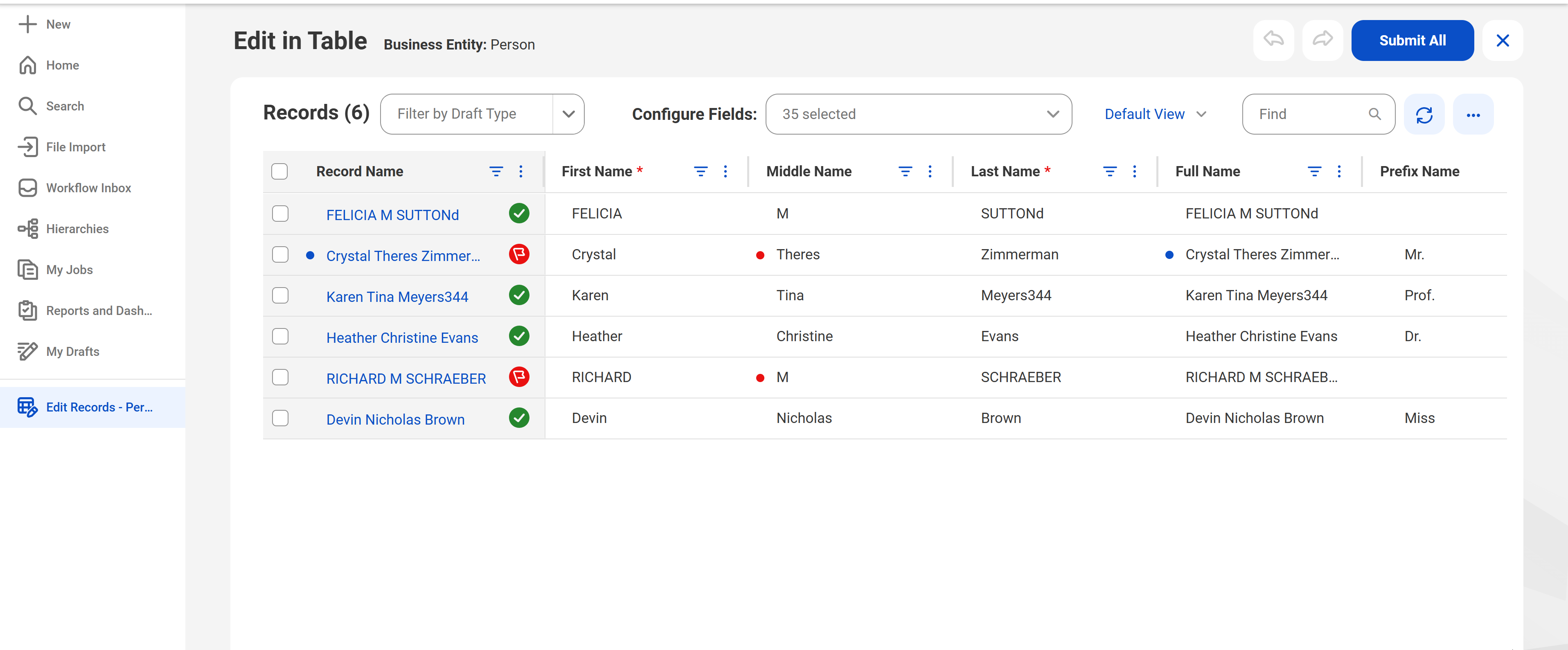 The Edit in Table page lists three records belonging to Person business entity in the table. The page includes options such as Configure Fields, Default View, Find, and Refresh. Each column provides additional options such as Filter, Sort, Pin, and Autosize.