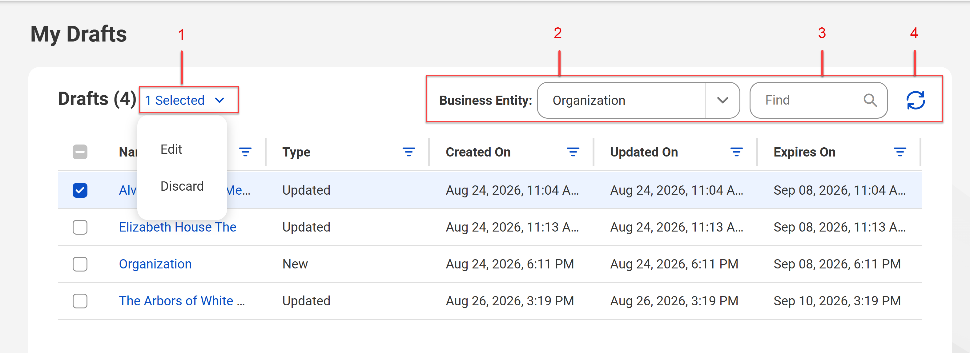 The My Drafts page shows a menu with Edit and Discard options for a selected draft, a business entity field set to Organization, a find text box, and a refresh icon.