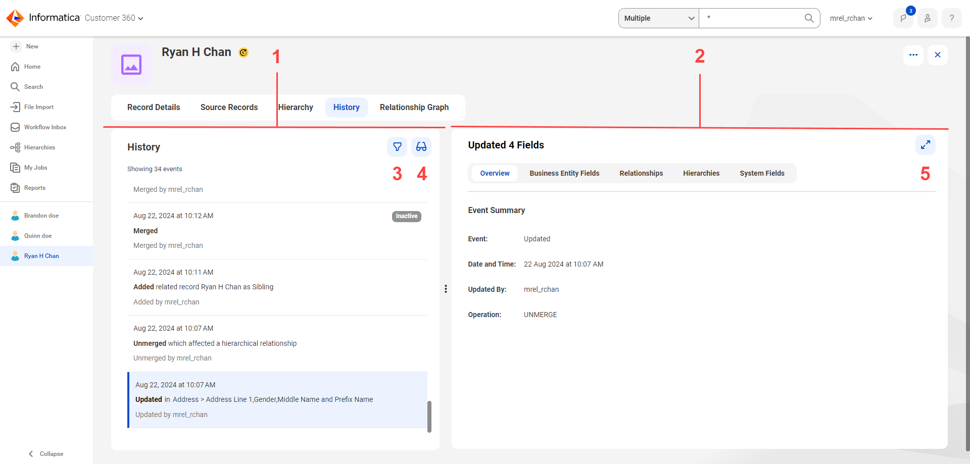 The History page shows the history and event details panel, and the Show/Hide Filter, View, and Expand options.