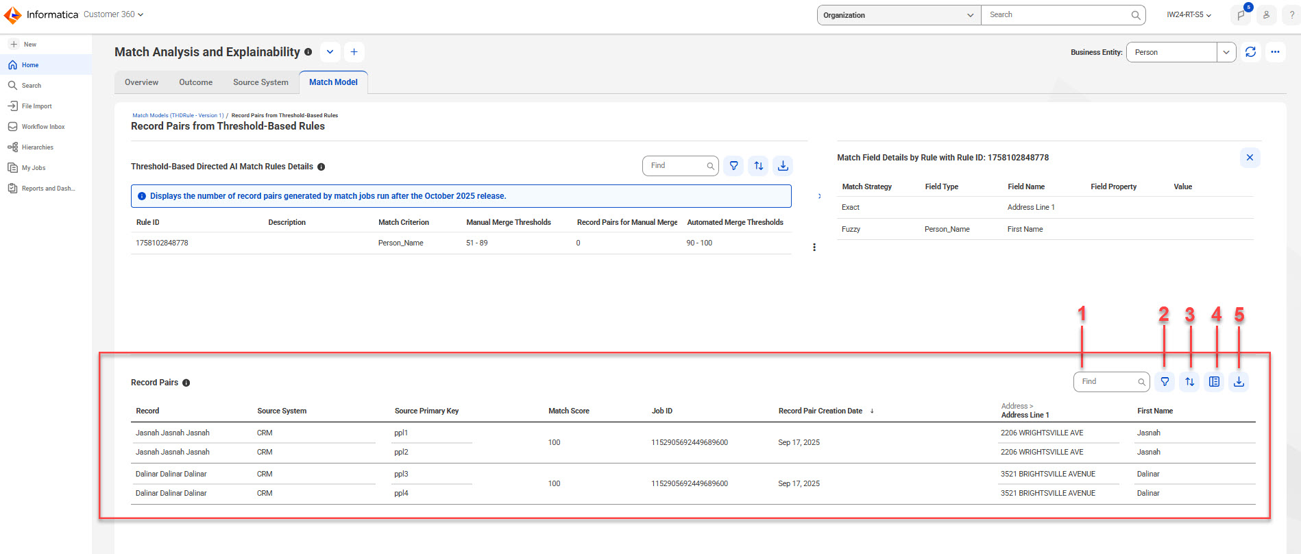 The Record Pairs section displays the record pair details based on threshold-based AI match rules and options, such as find, filter, sort, show additional filters, and export data are highlighted.