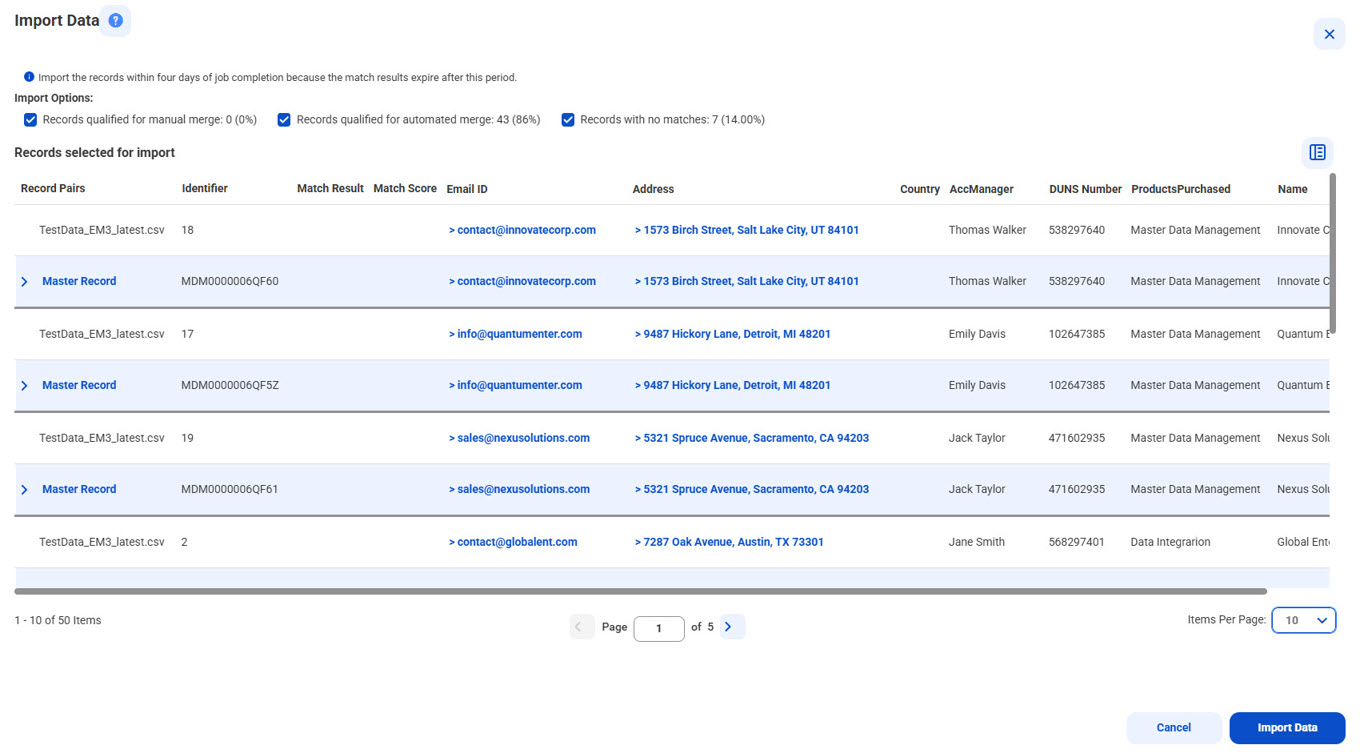 The image shows a sample Import Data page that displays the record pairs generated after matching all records in the input file with source records.