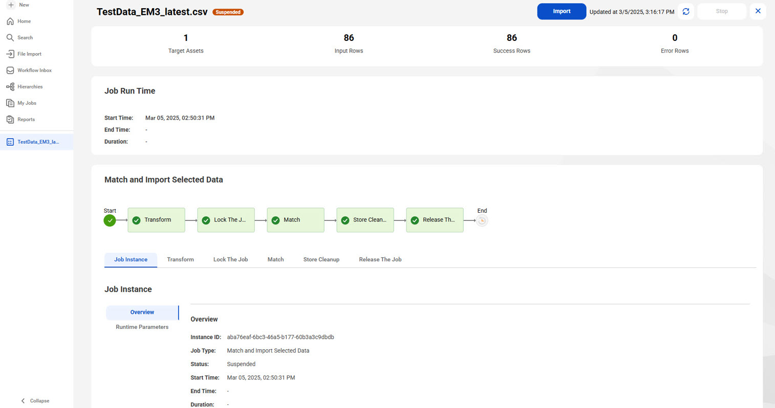The image shows a sample My Jobs page that displays a completed match and import selected data job.