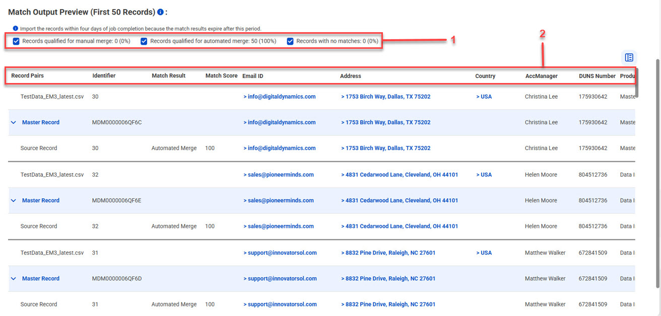 The image shows a sample match output preview that displays the match results of the first 50 records in the input file.