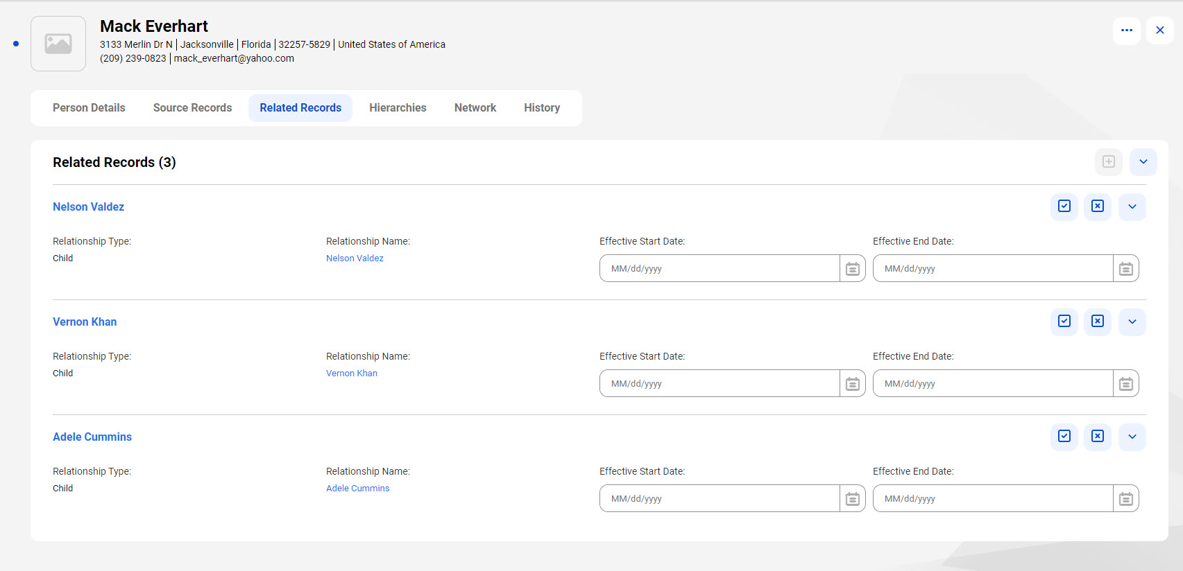 The image shows a related records table for a person named Mack Everhart.