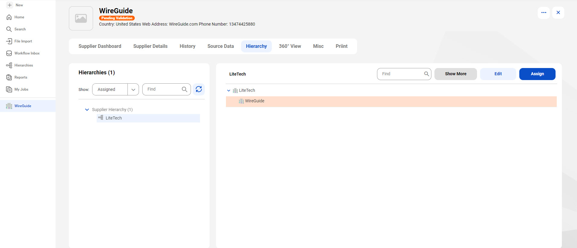 The Hierarchy tab of the WireGuide record displays the LiteTech and WireGuide records in the Supplier hierarchy. The relationships panel display the relationships of the WireGuide record.