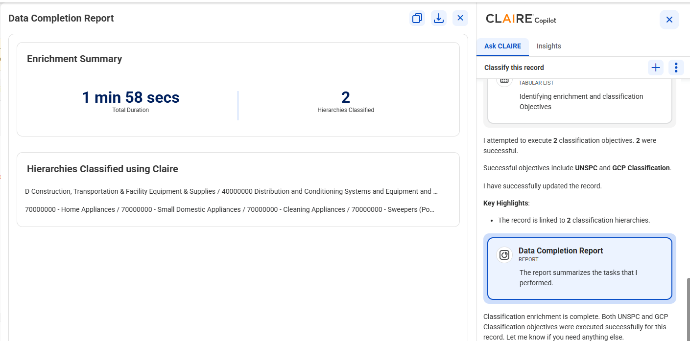 The Data Completion Report workspace shows the enrichment summary with the total duration and the number of hierarchies classified, and the hierarchies that CLAIRE classified.