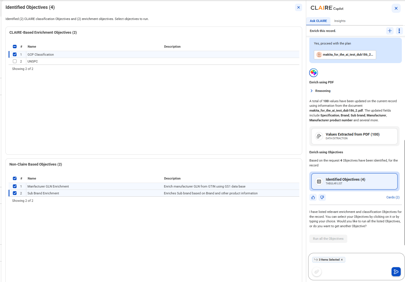 The Identified Objectives workspace shows the CLAIRE-Based Enrichment Objectives section with one objective selected and the Non-Claire Based Objectives section with two objectives selected, each displaying Name and Description columns.