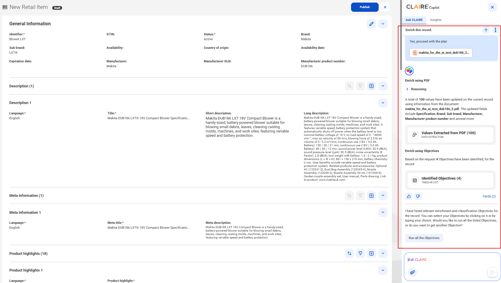 The CLAIRE Copilot panel displays cards, such as Data Extraction and Identified Objectives.