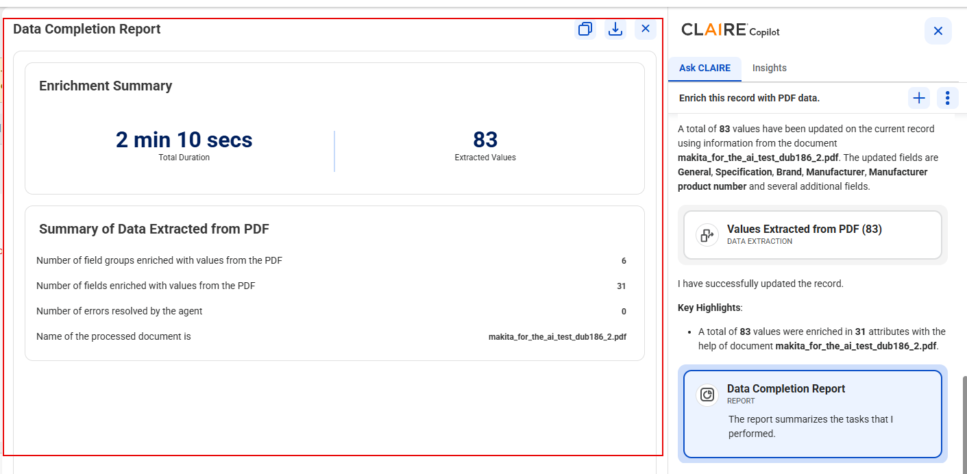 The Data Completion Report workspace shows the enrichment summary, such as the total duration, the number of extracted values, the number of enriched field groups and fields, and the name of the processed document.
