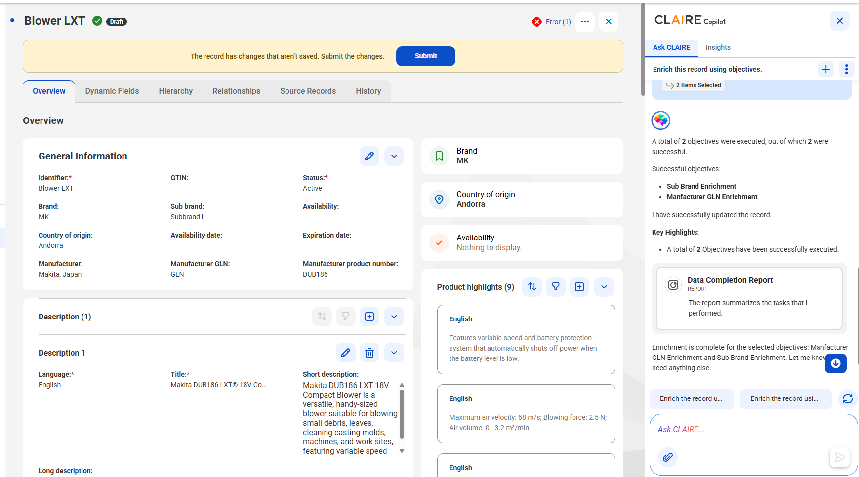 The CLAIRE Copilot panel shows the names of the objectives that ran successfully, such as Sub Brand Enrichment and Manufacturer GLN Enrichment, along with the Data Completion Report card.
