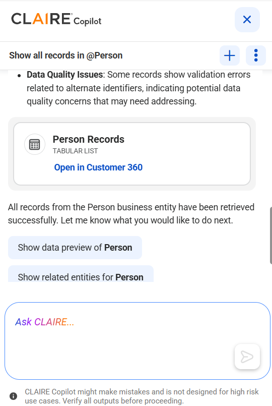 The response displays the Person Records card with a link to open the records in Customer 360. It also displays the reasoning that provides a comprehensive overview of records in the person business entity.