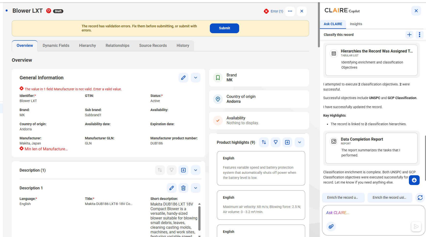 The CLAIRE Copilot panel displays cards, such as Hierarchies the Record Was Assigned to and Data Completion Report, along with a summary of the classification objectives that ran successfully.