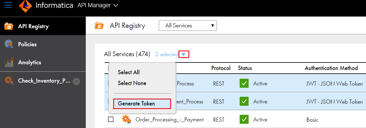 The image shows the option to select multiple APIs and generate tokens simultaneously.