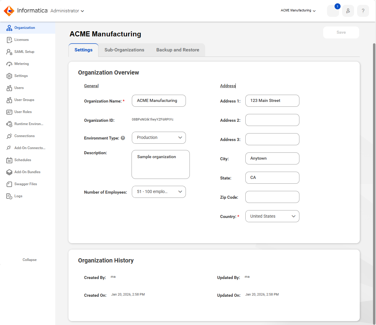 The Organization page displays details about the organization that include the name and address properties, authentication properties, and Data Integration service properties. The Organization page displays details about the organization that include the name and address properties, authentication properties, and Data Integration service properties.