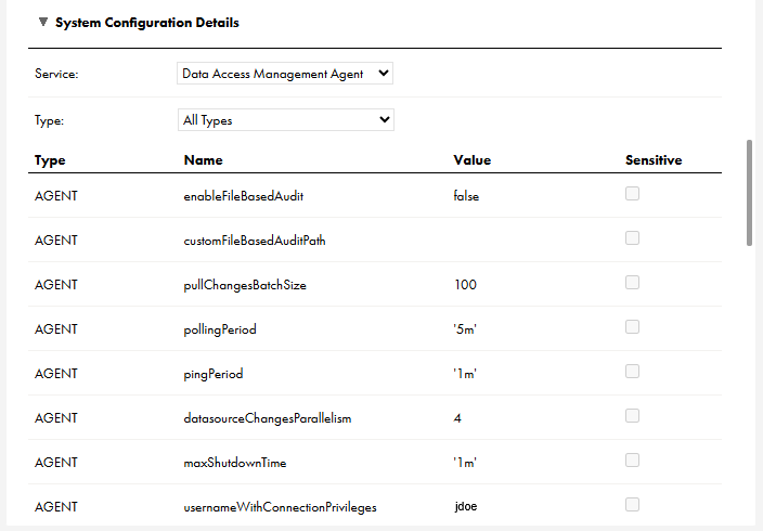 When you view or edit a Secure Agent and select the Data Access Management Agent, the Data Access Management Agent properties appear in the System Configuration Details area.