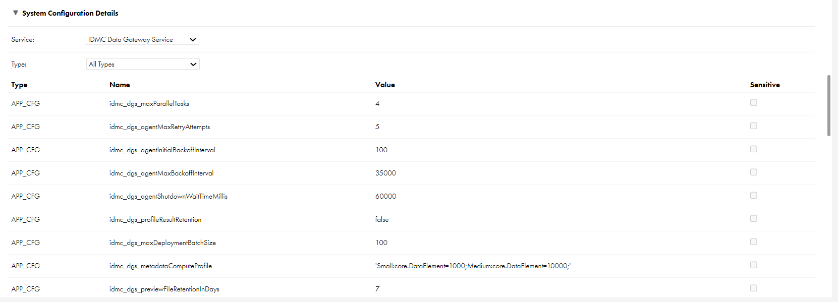 The image shows the IDMC Data Gateway Service properties. The image shows the IDMC Data Gateway Service properties.