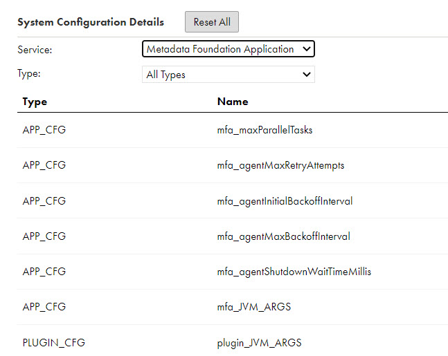 The image shows the Metadata Foundation Application service properties. The image shows the Metadata Foundation Application service properties.